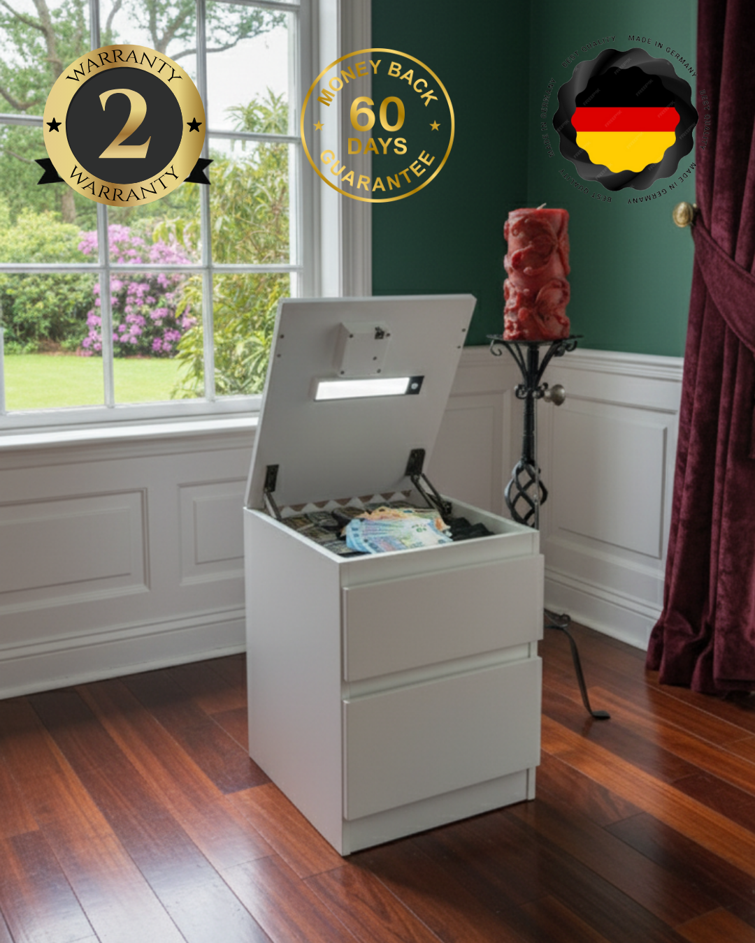 White locking storage cabinet with open lid revealing valuables, placed in a stylish living room with warranty and guarantee badges visible.