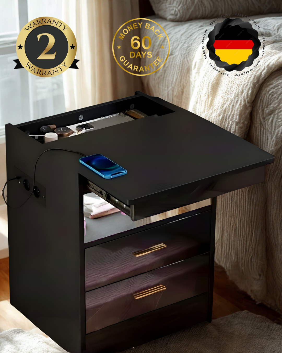 HausVersteck™ Nachttisch mit Schiebe-Geheimfach